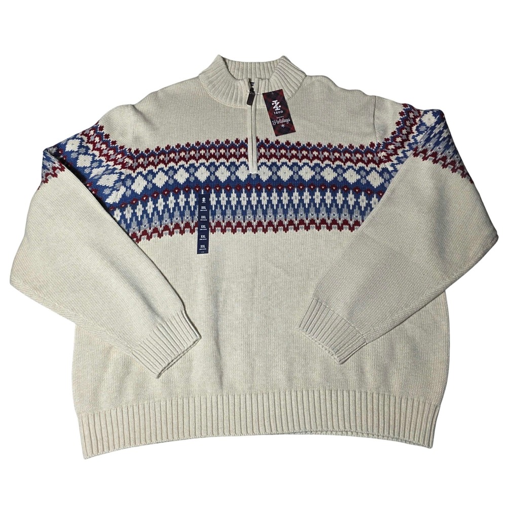 Izod Fair Isle Quarter 1/4 Zip Pullover Knit Sweater Mens XXL Cream XMAS NWT